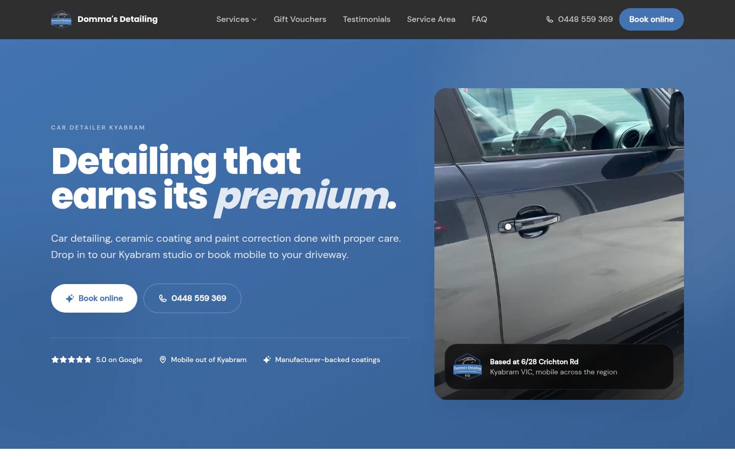 Domma’s Detailing website built by Hike, desktop view