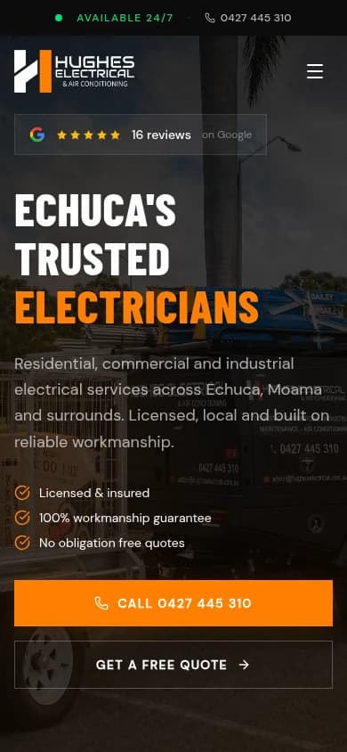 Hughes Electrical website, mobile view